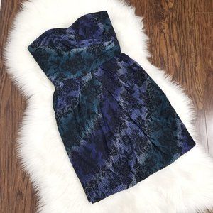 Le Chateau Blue Teal Strapless Sweetheart Black Lace Pockets Dress Cocktail S